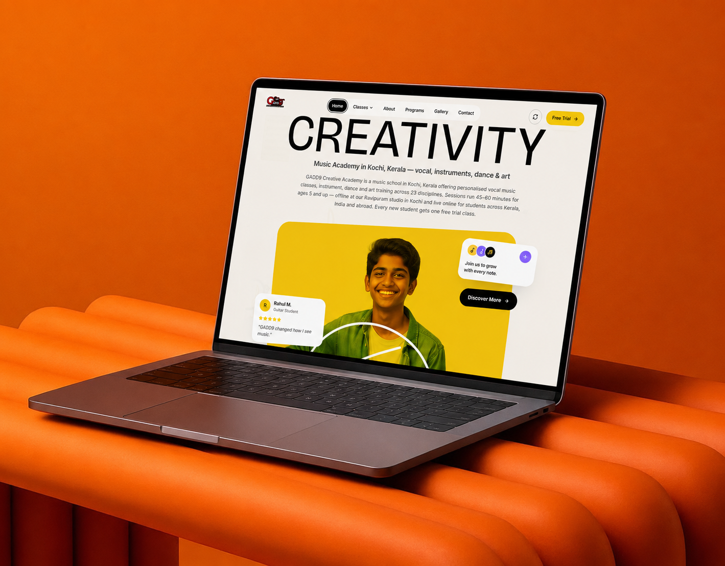 GADD9 Music Academy website design showcased on a MacBook mockup by S. Vysak